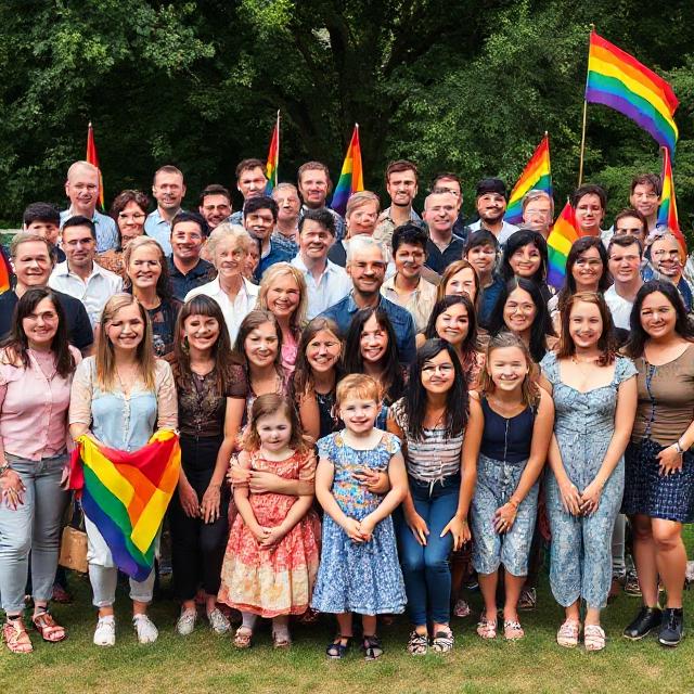 Breites LGBTIQ+ Gruppenfoto mit Menschen mit Trisomie 21 (Down-Syndrom), alle Gesichter gut erkennbar, Regenbogenflaggen, Outdoor